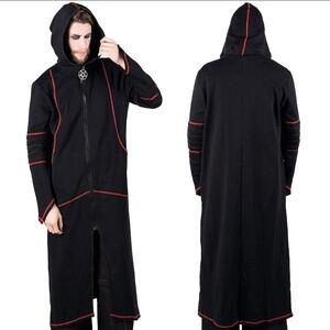 Killstar Darkside Long Jacket ✦ Black Cotton Blend ✦ Oversized Hood Zip Front L
